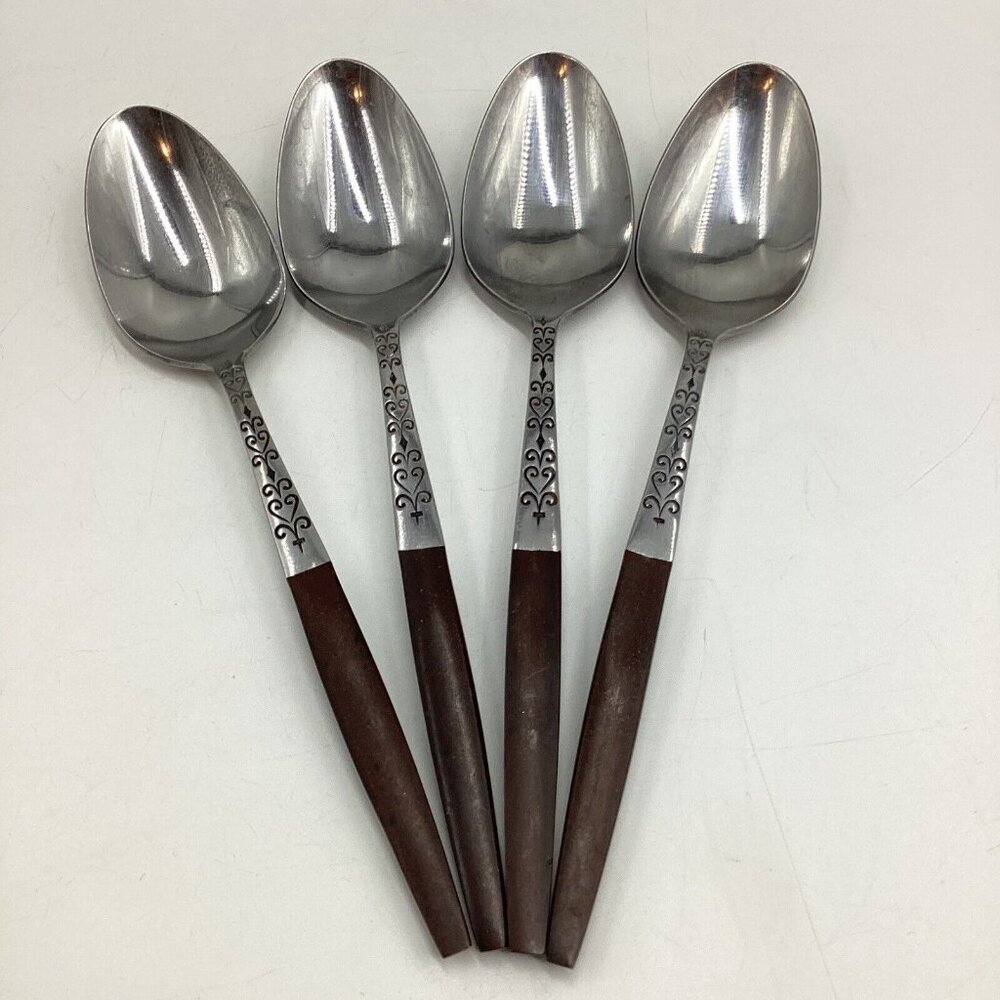 Interpur INR2 Set of 4 Scroll Stainless Faux Wood Handle Spoons Japan 7.5”